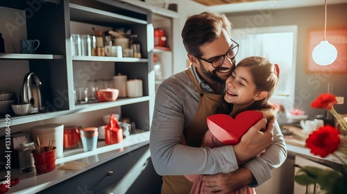 Happy father hugs his daughter while celebrating Valentine's Day