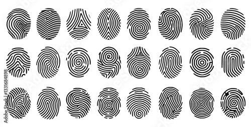 detailed fingerprint design with intricate biometric patterns and unique identity traces. Perfect for security, authentication, forensic science, crime investigation, and privacy protection. Vector il