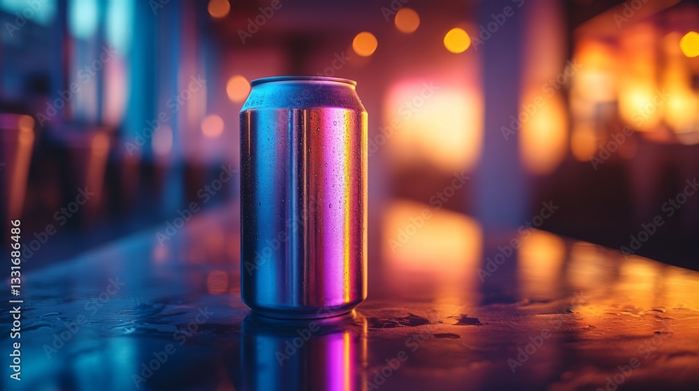 A shiny metallic can sits on a wet bar table, illuminated by vivid purple and orange lights creating a warm atmosphere during dusk. The background shows a blurred setting. A shiny metallic can sits on a wet bar table, illuminated by vivid purple and orange lights creating a warm atmosphere during dusk. The background shows a blurred setting.
