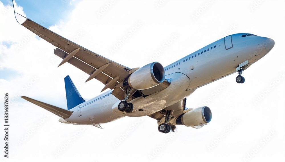 Fototapeta premium commercial airplane flying against a clear blue sky symbolizing travel and freedom isolated on white background