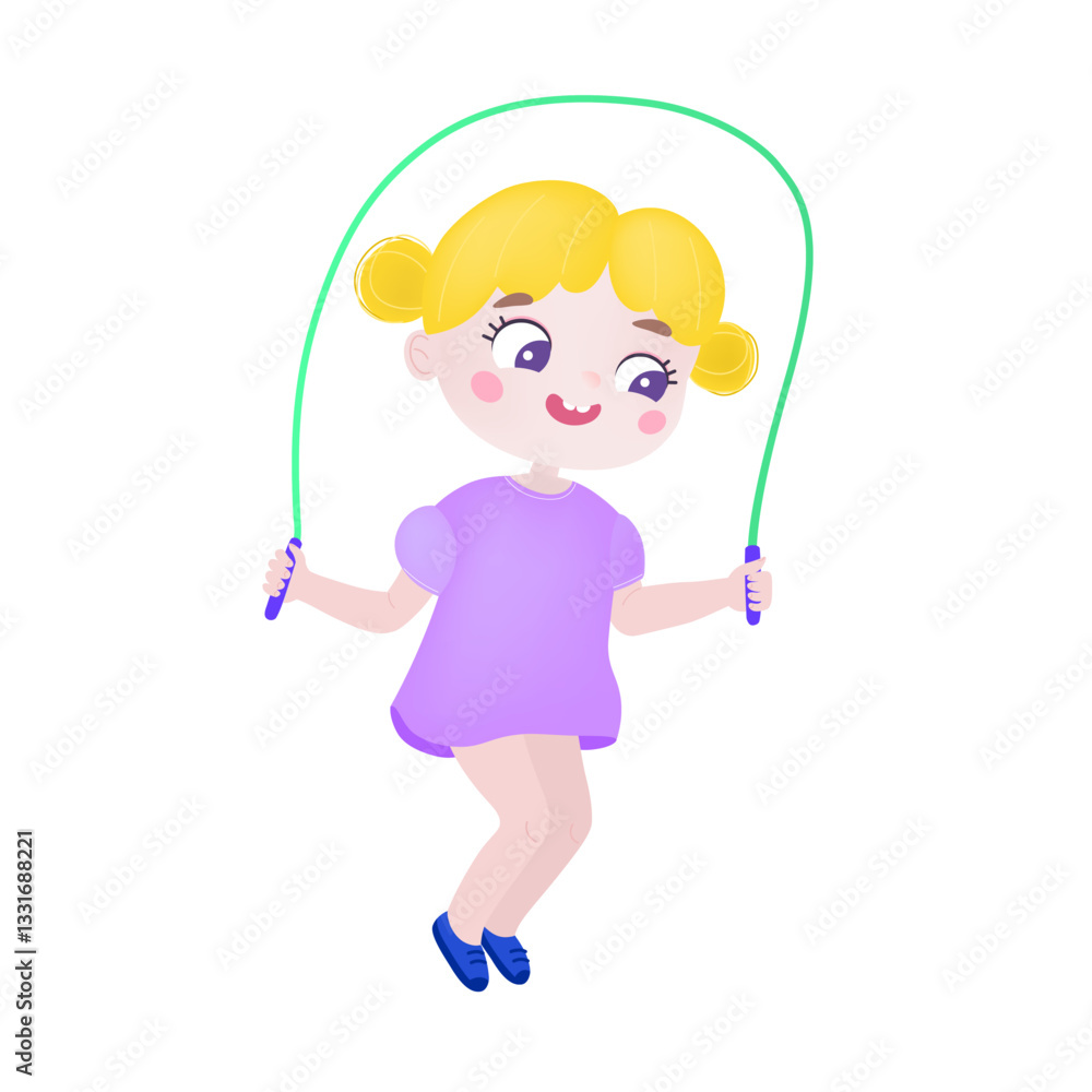 Sport little girl jumping with skipping rope. Little smiling kid having fun with skipping rope. Flat vector illustration isolated on white background Sport little girl jumping with skipping rope. Little smiling kid having fun with skipping rope. Flat vector illustration isolated on white background