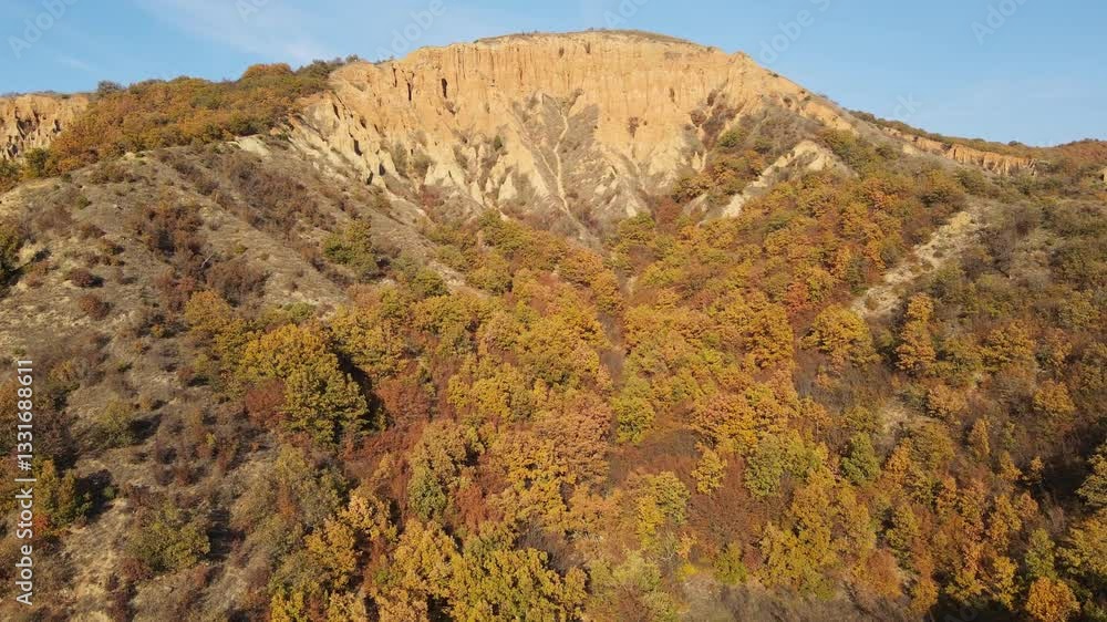 Aerial Sunset view of rock formation Stob pyramids, Rila Mountain, Kyustendil region, Bulgaria Aerial Sunset view of rock formation Stob pyramids, Rila Mountain, Kyustendil region, Bulgaria