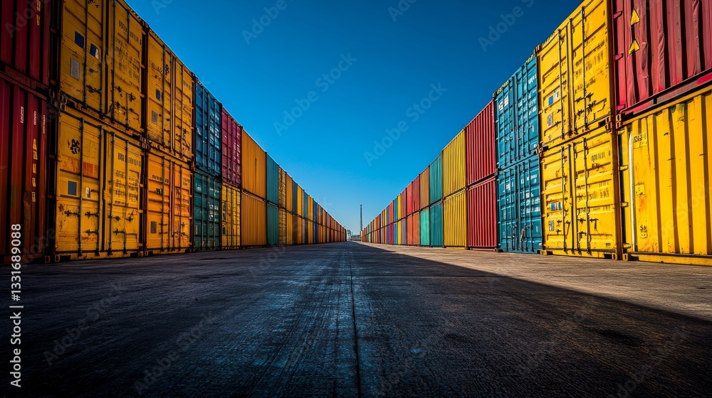 Fototapeta premium Global Trade Hub Rows of Colorful Shipping Containers at Port on Sunny Day, High Angle View
