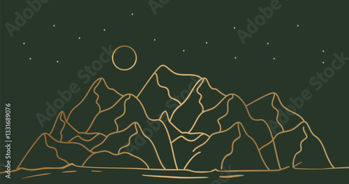 Abstract Golden mountain on night time background. Minimalist landscape on Luxury wallpaper with hills, sun, moon in hand drawn pattern. Line art design for cover, banner, print, wall art, decoration.