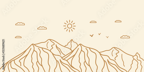 Abstract landscape mountain on Light background. Line art wallpaper design with hills in Golden wave line. Hand drawn panorama view of mountains suitable for cover, banner, decoration, poster.
