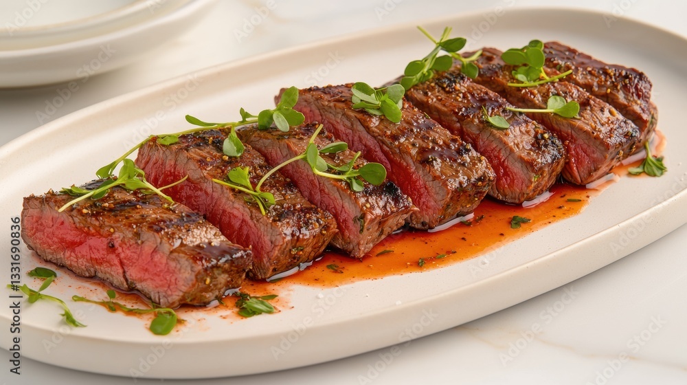Expertly Prepared Steak Plated with Delicate Garnishes Expertly Prepared Steak Plated with Delicate Garnishes