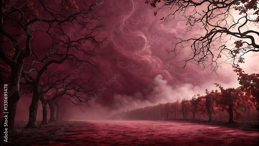 Fototapeta premium Dramatic Red Stage Backdrop with Smoky Atmosphere. tree, sunset, landscape, sky, nature, winter, snow, sunrise, sun, trees, silhouette, forest, fog, night, morning, field, grass, autumn, cloud, light.