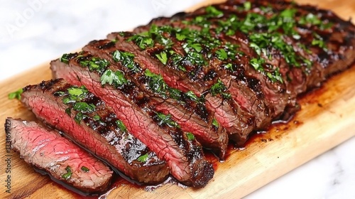 Grilled skirt steak sliced and served with a chimichurri sauce