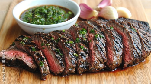 Grilled skirt steak sliced thin plated with chimichurri sauce