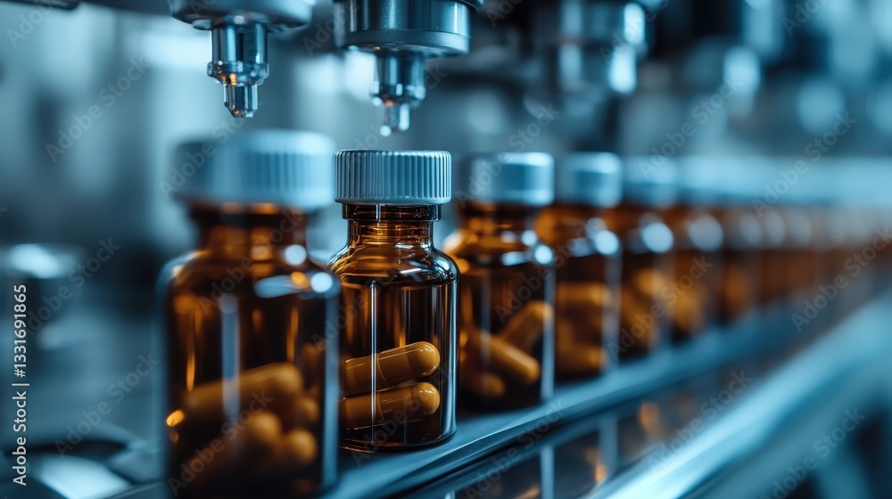 A close-up view of a pharmaceutical production line featuring brown glass bottles filled with capsules, highlighting the modern manufacturing process for medicines. A close-up view of a pharmaceutical production line featuring brown glass bottles filled with capsules, highlighting the modern manufacturing process for medicines.