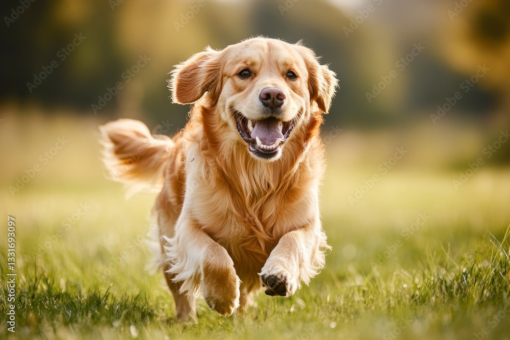 Golden Retriever Dog Running Fast on Green Grass Outdoor Fun Golden Retriever Dog Running Fast on Green Grass Outdoor Fun