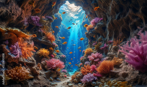 under water scene of a coral reef with light rays, ai generated