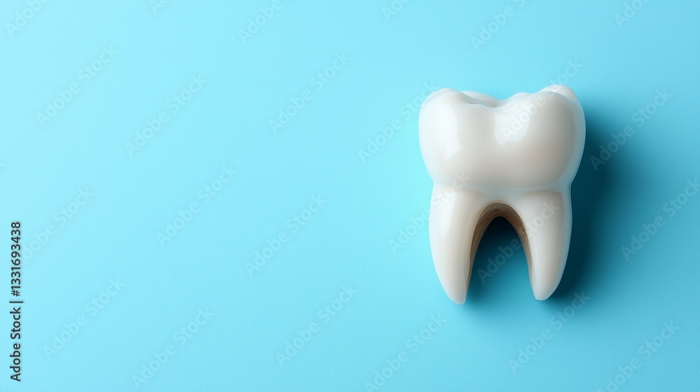 3D-rendered realistic tooth isolated against a solid light blue background, representing dental health, hygiene, and oral care. 3D-rendered realistic tooth isolated against a solid light blue background, representing dental health, hygiene, and oral care.