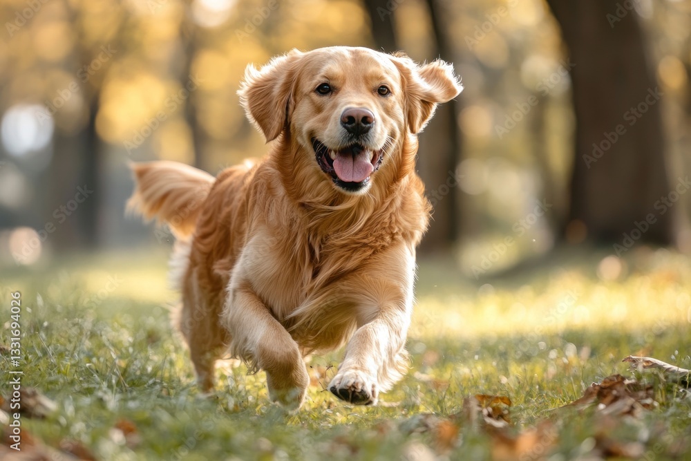 Golden Retriever Dog Running on Grass in Park with Open Mouth Golden Retriever Dog Running on Grass in Park with Open Mouth
