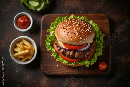 hamburger on a wooden table