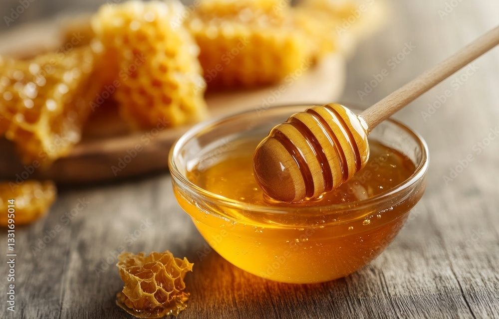 Honey in Glass Bowl with Honeycomb and Dipper on Wooden Table Honey in Glass Bowl with Honeycomb and Dipper on Wooden Table