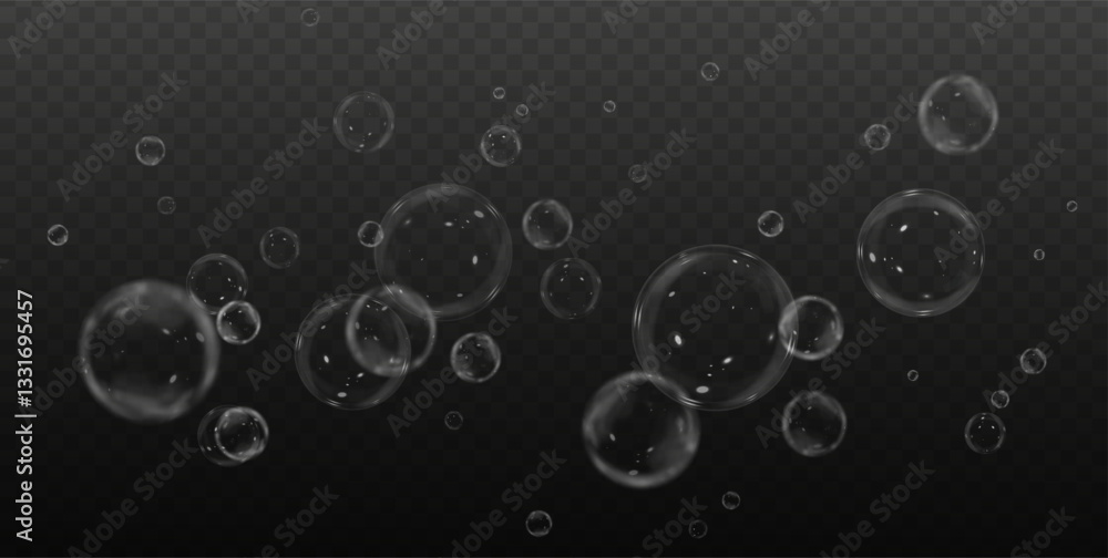 collection of glossy, three-dimensional soap bubbles floating in the air. Transparent and realistic with a clean, underwater look. Perfect for fresh, decorative, and abstract vector designs collection of glossy, three-dimensional soap bubbles floating in the air. Transparent and realistic with a clean, underwater look. Perfect for fresh, decorative, and abstract vector designs