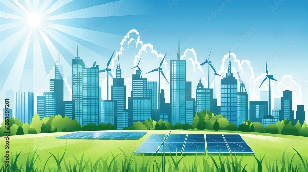 Fototapeta premium Modern Eco-City with Solar Panels and Wind Turbines Under a Clear Blue Sky