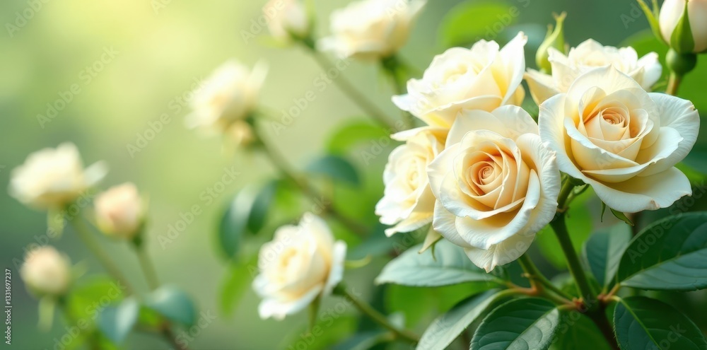 Dense cluster of creamy white roses, vibrant green leaves , shrub, full bloom Dense cluster of creamy white roses, vibrant green leaves , shrub, full bloom