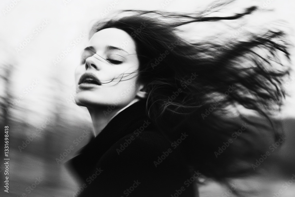 Blurred motion portrait of young caucasian female with flowing hair in wind Blurred motion portrait of young caucasian female with flowing hair in wind