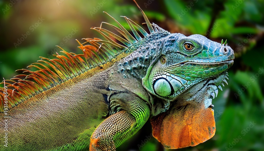 Obraz premium A green iguana with its colorful frill extended, displaying vibrant green and yellow skin in a striking natural pose