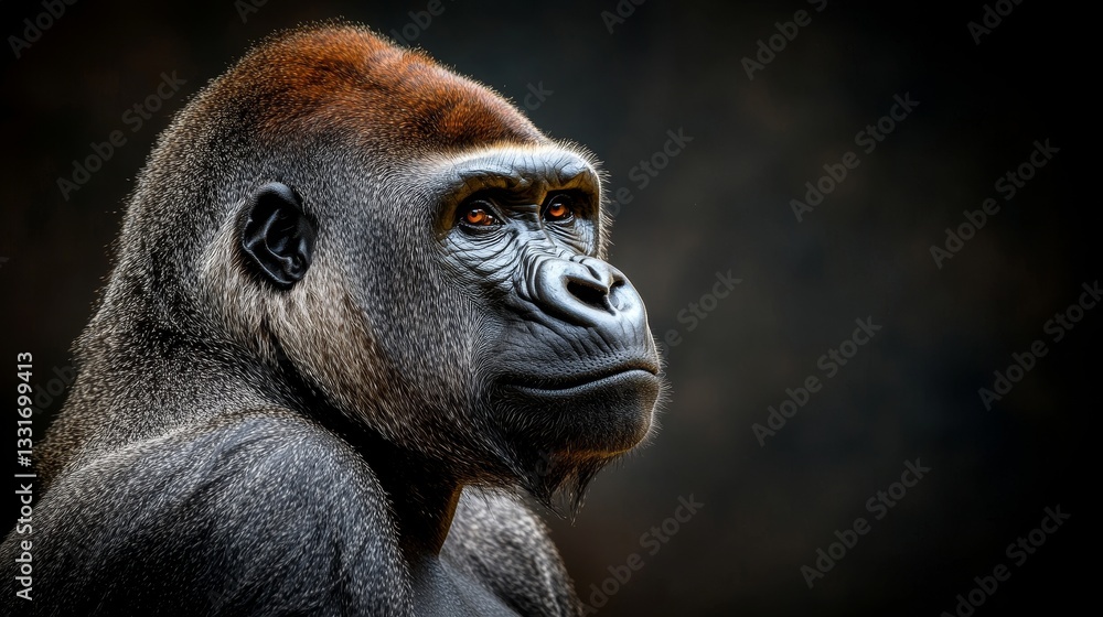 Obraz premium Contemplative Silverback Gorilla Portrait Thoughtful Expression, Close-Up, Dark Background
