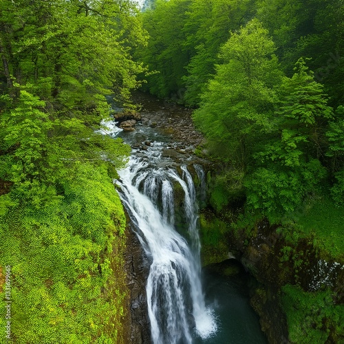 Generated image Aerial perspective of a cascading waterfall surrounded by lush spring greenery