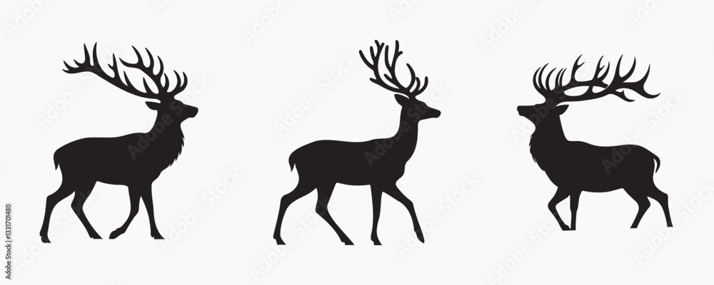 Silhouette illustration of three deer with antlers in different walking poses. Elegant wildlife design, perfect for logos, decorations, and nature-themed graphics Silhouette illustration of three deer with antlers in different walking poses. Elegant wildlife design, perfect for logos, decorations, and nature-themed graphics