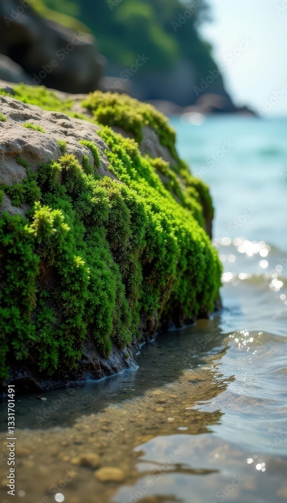 Fuzzy green moss coating a weathered rock exposed by receding tide , biology, green Fuzzy green moss coating a weathered rock exposed by receding tide , biology, green