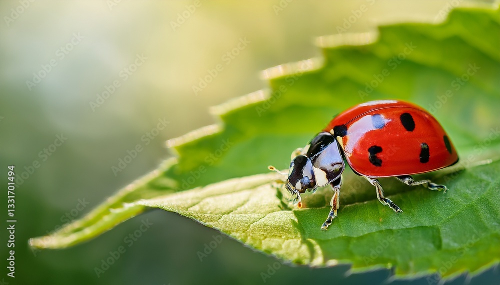 A ladybug with a bright red shell and black spots crawls slowly across a vibrant green leaf, showcasing a charming moment in nature A ladybug with a bright red shell and black spots crawls slowly across a vibrant green leaf, showcasing a charming moment in nature