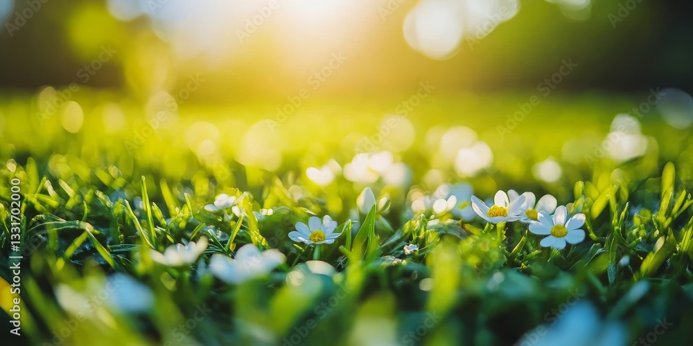 Fototapeta premium Sun-Kissed Meadow Serene Spring Landscape with Tiny White Wildflowers, Vibrant Green Grass