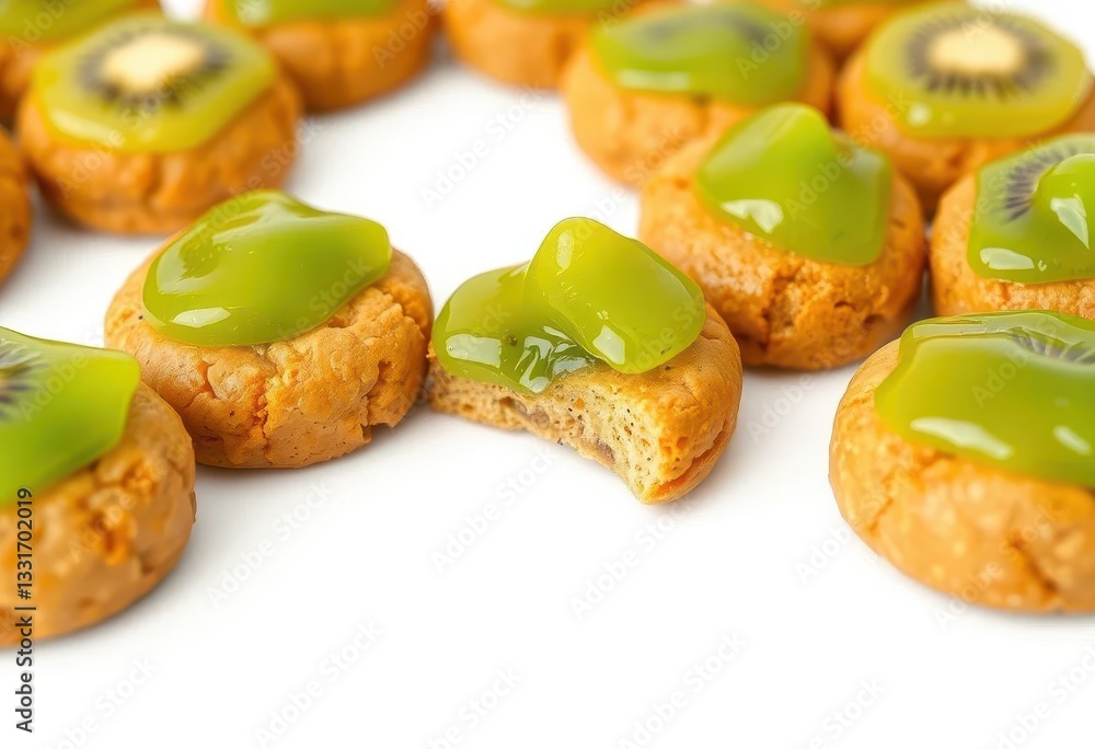 Golden-brown cookies topped with vibrant green kiwi jelly, isolated on white, image, deliciousness Golden-brown cookies topped with vibrant green kiwi jelly, isolated on white, image, deliciousness
