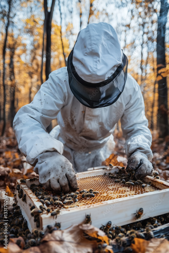 Beekeeper inspecting honeycomb during fall harvest. Beekeeper inspecting honeycomb during fall harvest.