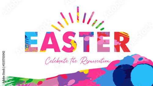 Easter, colored grunge brush pattern typography with open tomb. Creative Easter lettering for church sermon on Sunday morning service with empty cave and rolled away stone. Vector banner