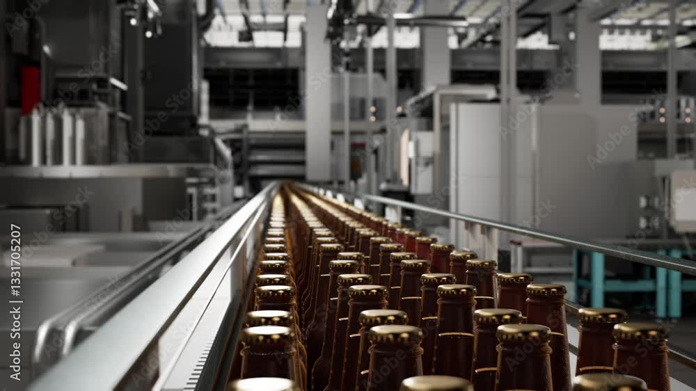 Glass Beer Bottles Moving On Conveyor Glass Beer Bottles Moving On Conveyor