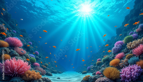 under water scene of a coral reef with light rays, ai generated