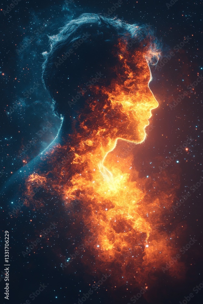 Creative depiction of a man merging with cosmic colors in a vibrant representation of imagination and emotion Creative depiction of a man merging with cosmic colors in a vibrant representation of imagination and emotion