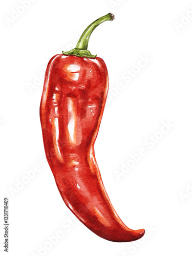 Watercolor illustration of a red chili pepper with a green stem, isolated on a white background. Realistic details and vibrant colors create a fresh, spicy feel.