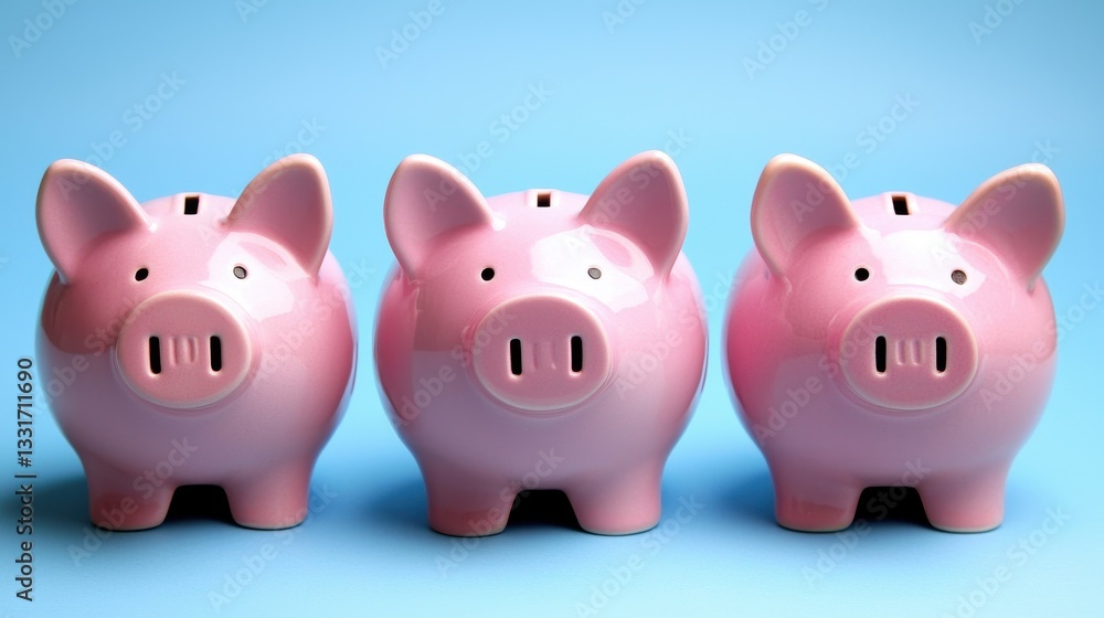 Three Cute Pink Piggy Banks on a Blue Background for Savings and Finance-themed Stock Photography Three Cute Pink Piggy Banks on a Blue Background for Savings and Finance-themed Stock Photography