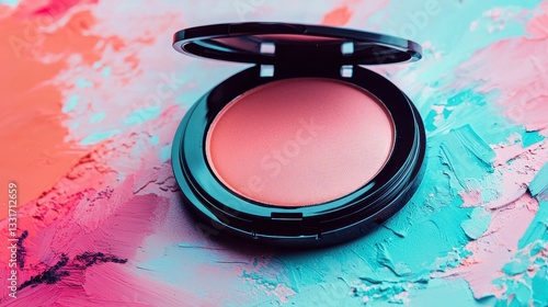 Vibrant Pink Powder Blush in Black Compact on Colorful Background of Pastel Pink and Blue Paint Strokes