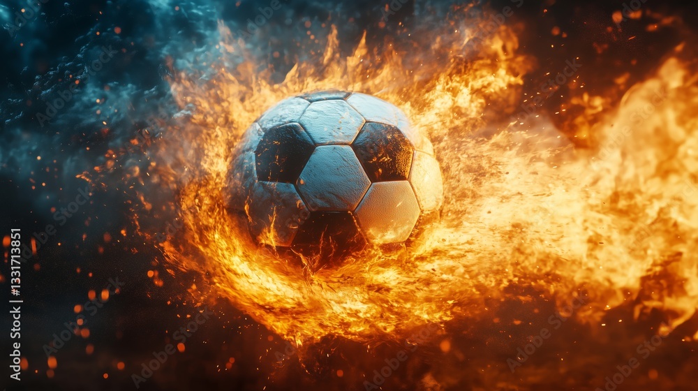 Fototapeta premium Soccer Ball Exploding with Fire and Energy on Dark Background