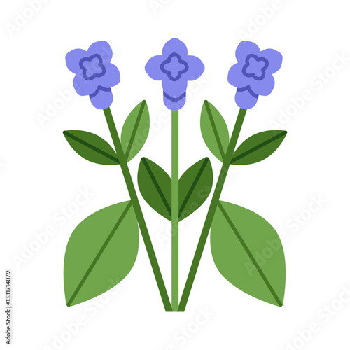 Bluebell flower branches. Spring blossoms on stem with leaf, stylized botanical decoration. Blooming wildflowers, floral plant in modern style. Flat vector illustration isolated on white background
