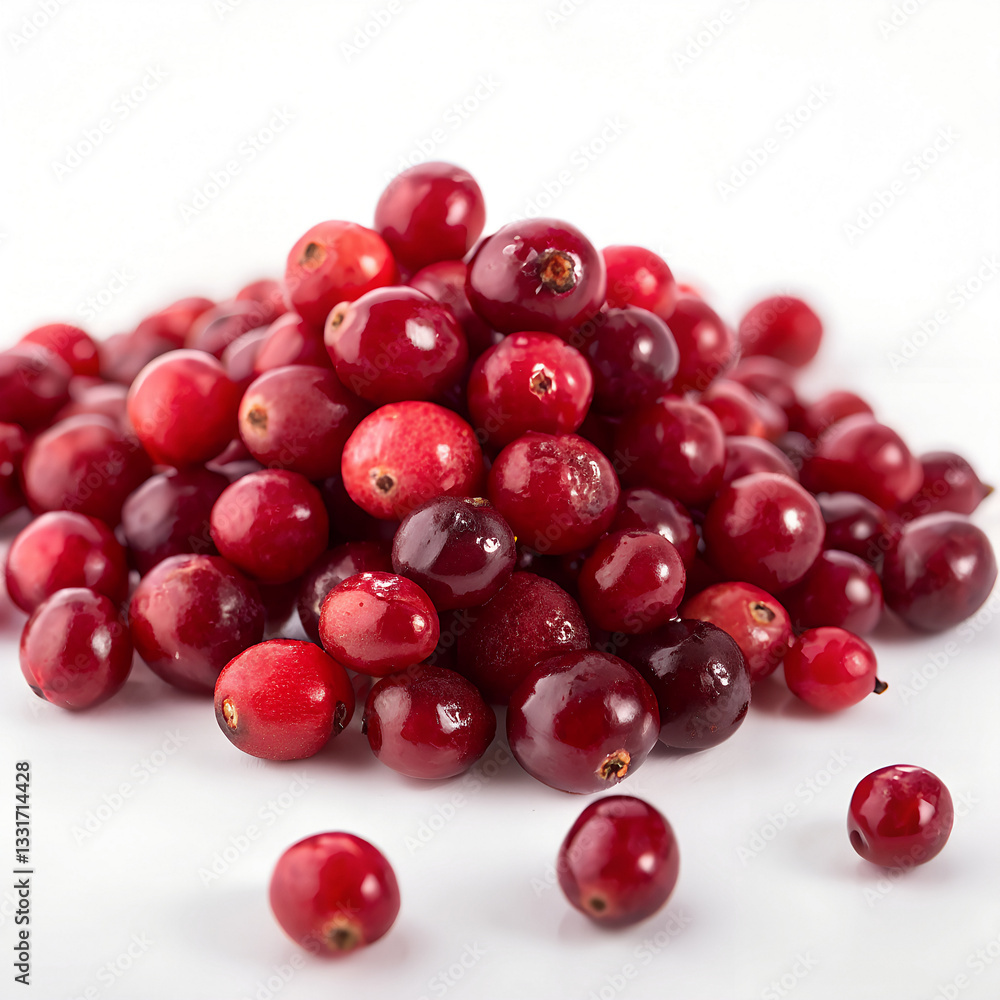 A pile of small, shiny red cranberries on a white background. A pile of small, shiny red cranberries on a white background.