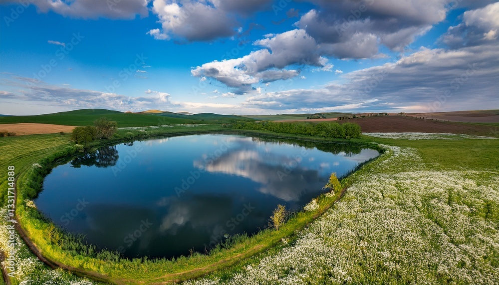Obraz premium Generated image Drone shot of a lake reflecting a sky filled with fluffy spring clouds, surrounded by blooming
