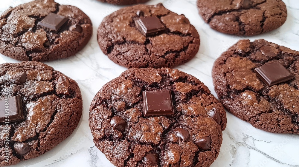 Deliciously baked chocolate cookies with a rich texture and topped with chunks of dark chocolate. Deliciously baked chocolate cookies with a rich texture and topped with chunks of dark chocolate.