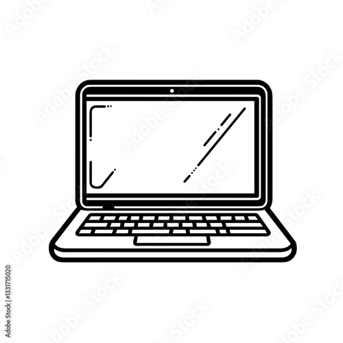 Laptop icon in black and white minimal line art. Monochrome laptop symbol for work and education