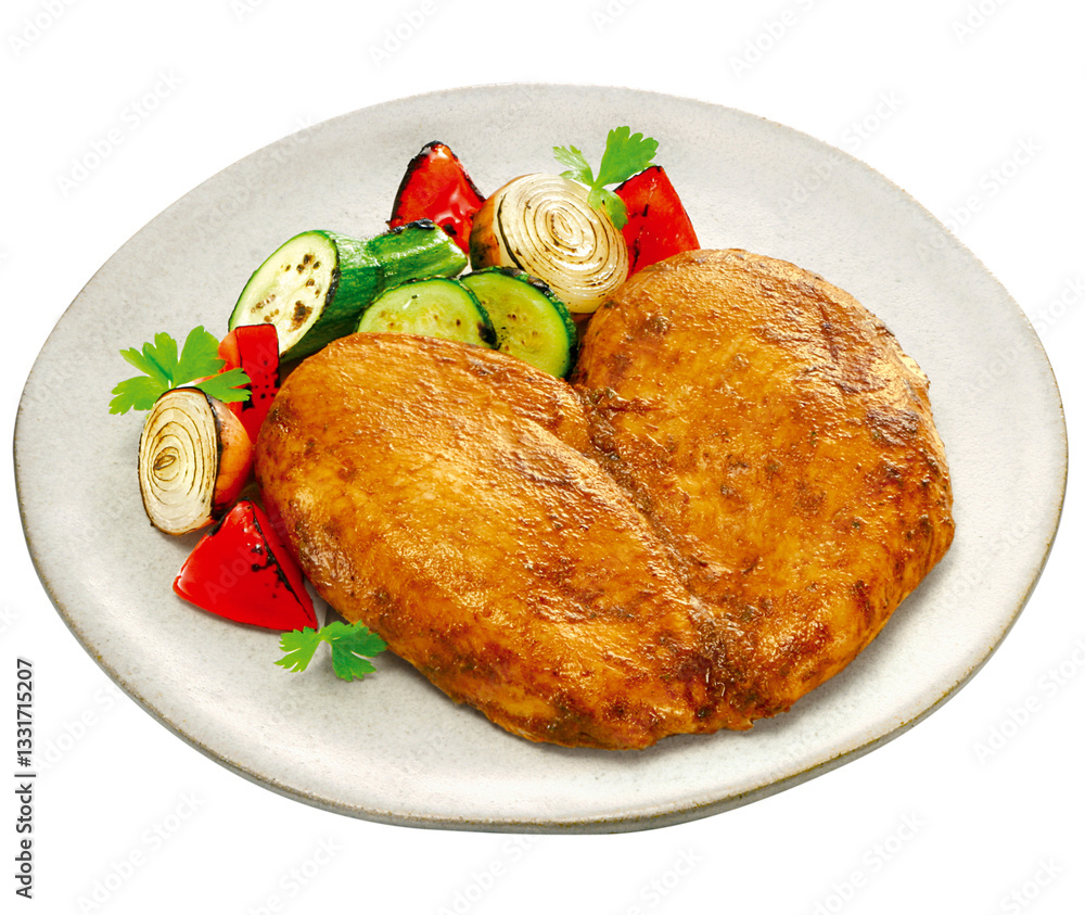 prato com peito de frango grelhado acompanhado de legumes isolado em fundo transparente