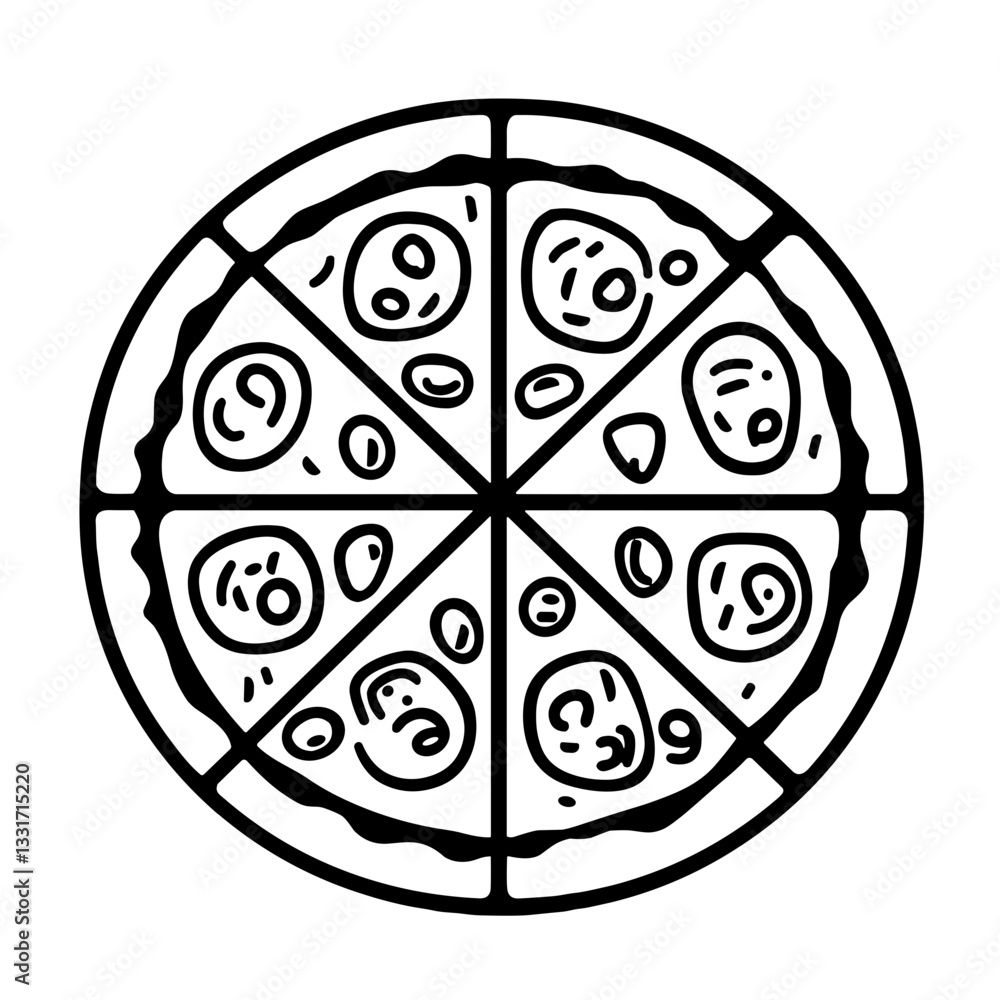 Whole pizza with toppings in black and white outline. Hand-drawn pizza slice vector for fast food design Whole pizza with toppings in black and white outline. Hand-drawn pizza slice vector for fast food design