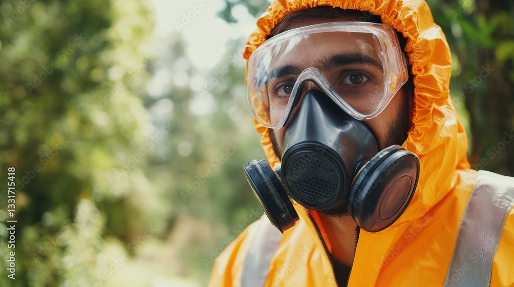 Man wearing protective gear in a forest setting
