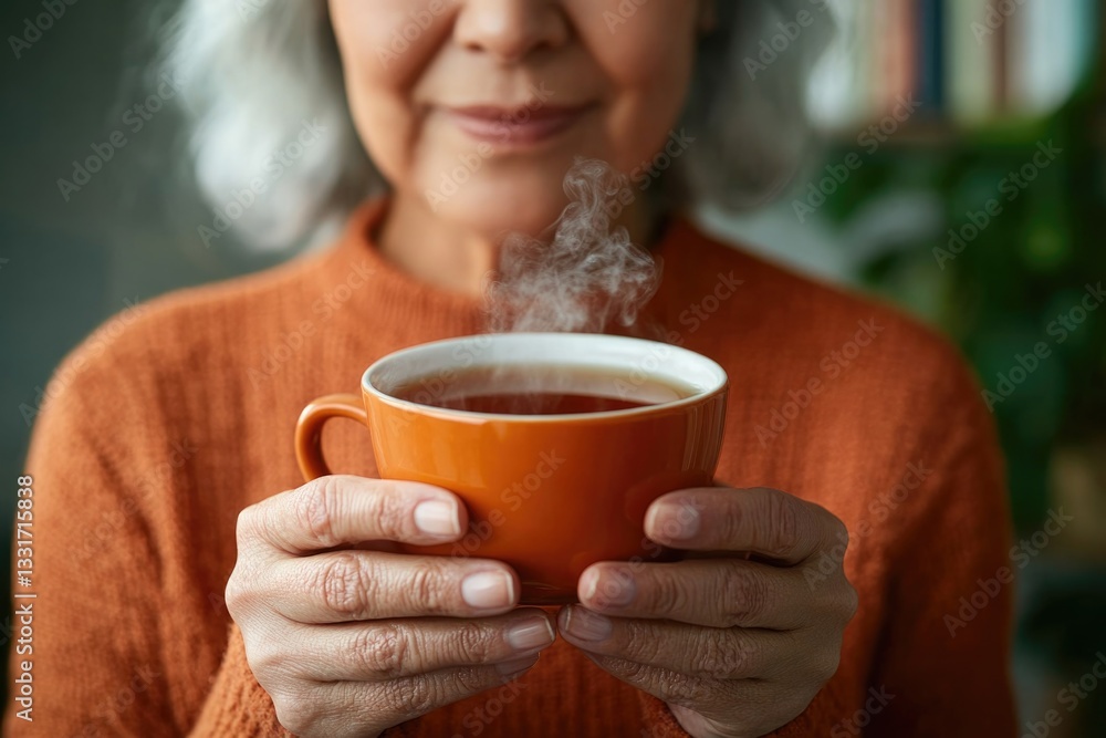 Warm cup held by smiling older woman, steam rising, cozy atmosph Warm cup held by smiling older woman, steam rising, cozy atmosph